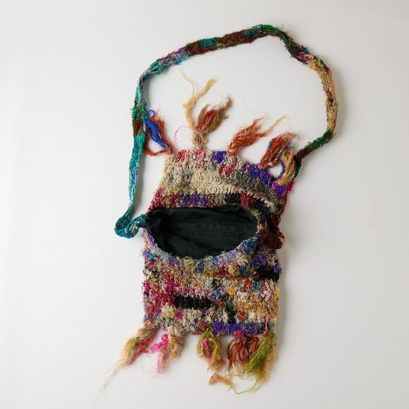 Y2K Vtg Handcrafted Boho Knitted Sling Bag Multicolor Crossbody Hippie Indie - Picture 7 of 8